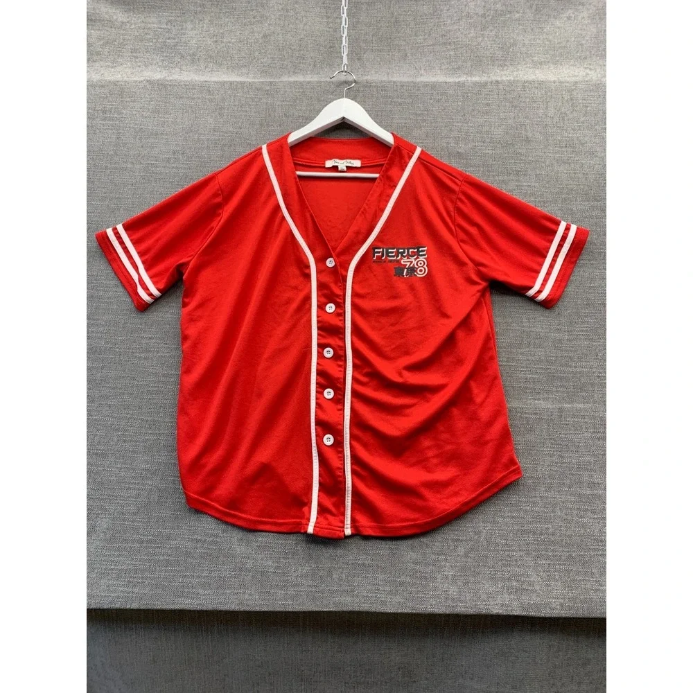 Vine & Valley Baseball Jersey Womens XL Orange Logo Graphic Print Button Front - Picture 1 of 16